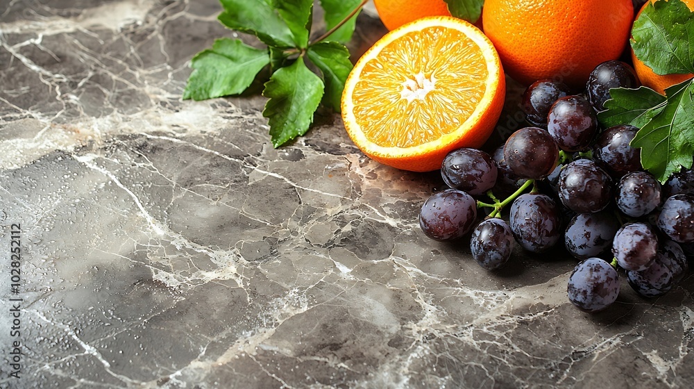 Poster cheese with washed orange rind with grape french or german product marble table background top view 