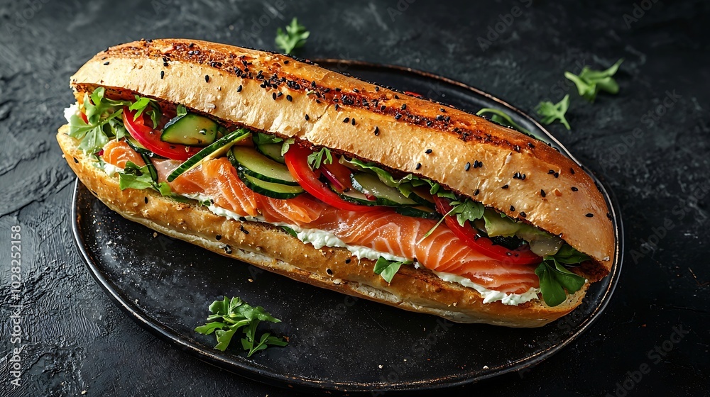Poster sandwich with salmon vegetables and cream cheese on plate dark background top view : generative ai