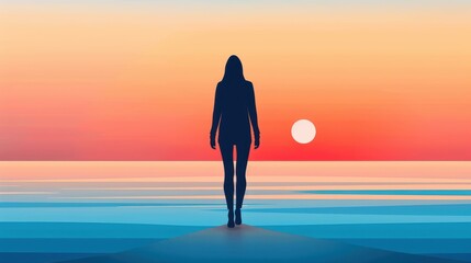 Fototapeta premium A radiant young woman strolls along the shore as the sun sets, creating a picturesque beach scene filled with warmth.