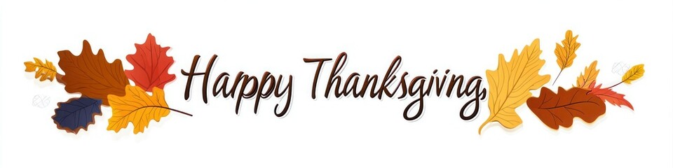 Obraz premium Happy Thanksgiving in Cursive with Autumn Leaves on White Background - Vector Illustration with Flat Design and Warm Colors