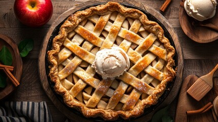 A freshly baked apple pie with a scoop of vanilla ice cream on top, surrounded by cinnamon sticks, a whole apple, and baking tools.