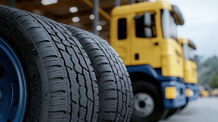 New Truck Tires in Storage Warehouse with Blurred Trucks in Background