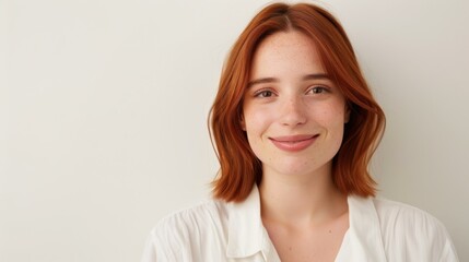Obraz premium A woman with bright red hair and a calm demeanor, dressed in a white shirt against a simple backdrop.