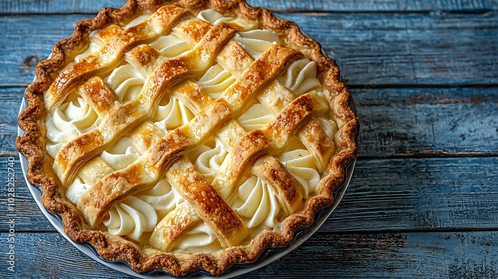 Aufkleber apple pie with cream on a blue wooden background top view copy space : generative ai