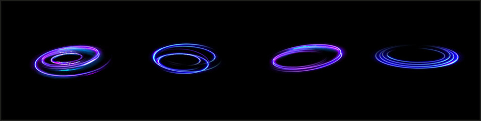 Neon swirl. Curve blue line light effect. Abstract ring background with glowing swirling background. Energy flow tunnel. Blue portal, platform. Magic circle vector.
