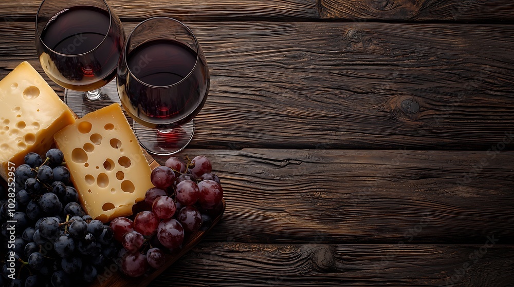 Poster assortment of cheese grapes with red wine in glasses wooden background top view : generative ai