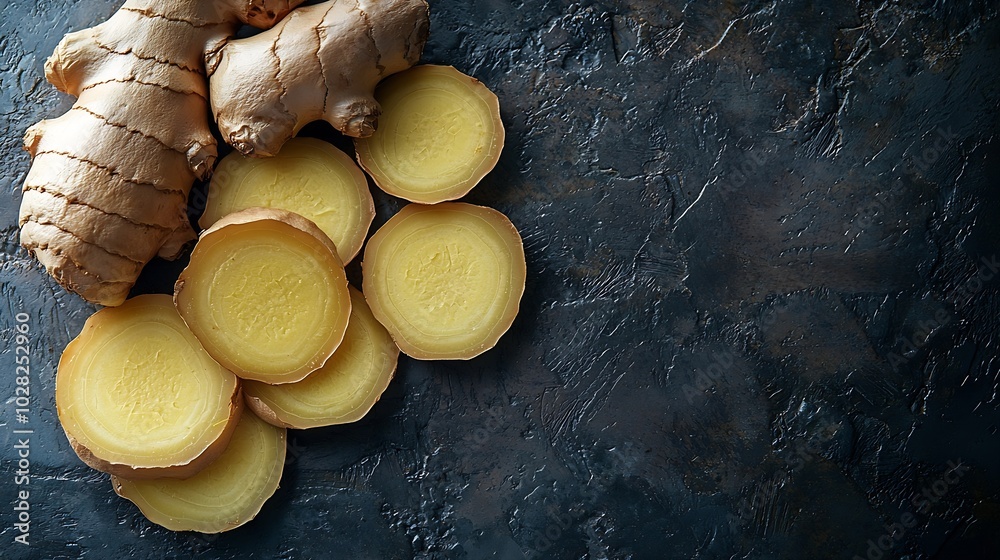 Poster Fresh ginger root with slices Dark background Copy space Top view : Generative AI