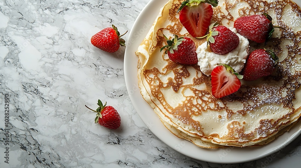 Poster crepes thin pancakes with cream cheese ricotta and fresh strawberries marble background top view cop