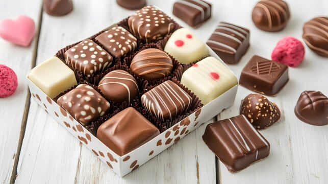 A beautifully arranged box of assorted chocolates, featuring various shapes and toppings, alongside additional chocolate pieces and heart-shaped treats on a wooden surface.
