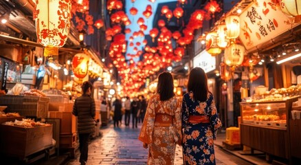 Floral-clad women stroll through lantern-lit alleyway lined with Japanese food vendors during festive Chinese New Year celebration