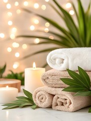A serene spa setting with rolled towels, soft candles, and lush greenery set against a glowing background of fairy lights.
