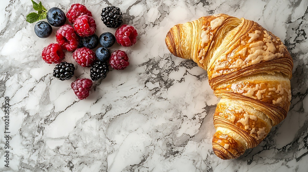 Poster Croissant with fresh berries and butter on a marble texture background Top view : Generative AI