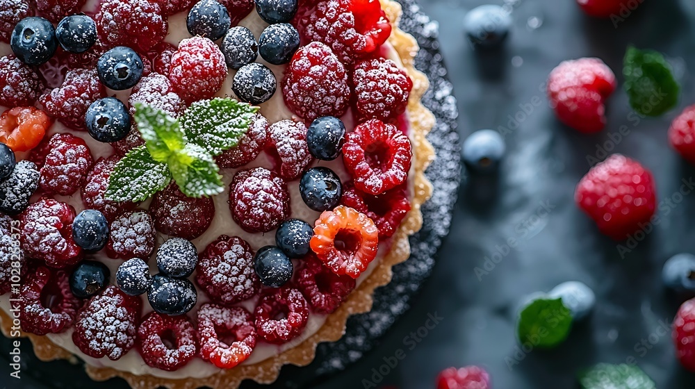 Poster Cheesecake dessert with fresh berries Gray background Close up Top view : Generative AI
