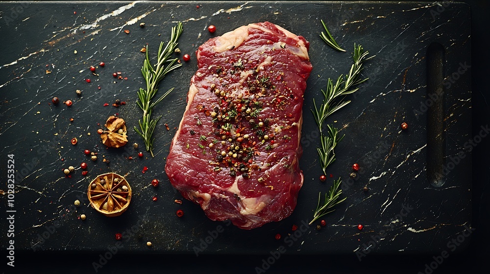 Poster raw lamb leg with spices and herbs on marble cutting board dark background copy space top view : gen