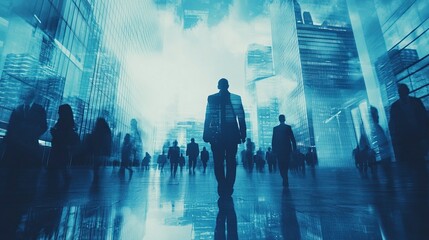 Silhouettes of Businesspeople Walking Towards a Bright Future in a Modern City