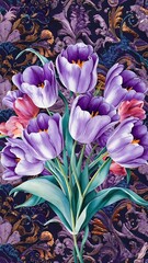 Obraz premium Purple and blue tulips watercolor illustration set. Seamless background pattern. Fabric wallpaper print texture.