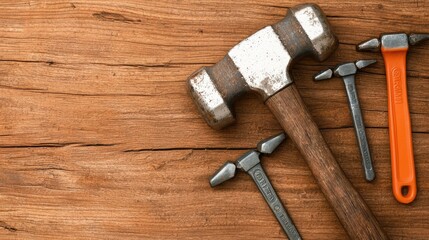 Vintage Hammer and Tools on Rustic Wooden Background