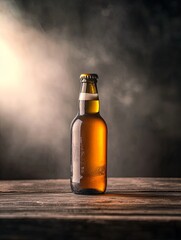 Chilled beer bottle on rustic wooden table