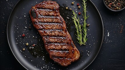 Beef steak meat medium rare on grey plate Dark background Close up Top view : Generative AI