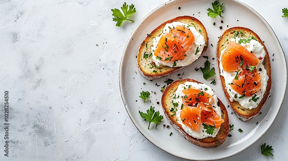 Poster sandwich toast with smoked salmon and cream cheese on white plate marble background copy space top v