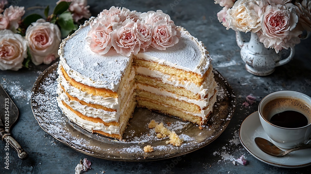 Poster traditional hungarian esterhazy cake torte with cup of coffee grey background top view : generative 