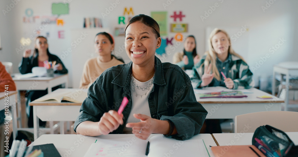 Poster Learning, smile and student with girl in classroom for education, notebook and scholarship. Academy, knowledge and future with person in high school for solution, studying and problem solving