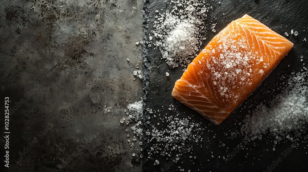 Poster salmon fish fillet with sea salt on slate dark background close up : generative ai