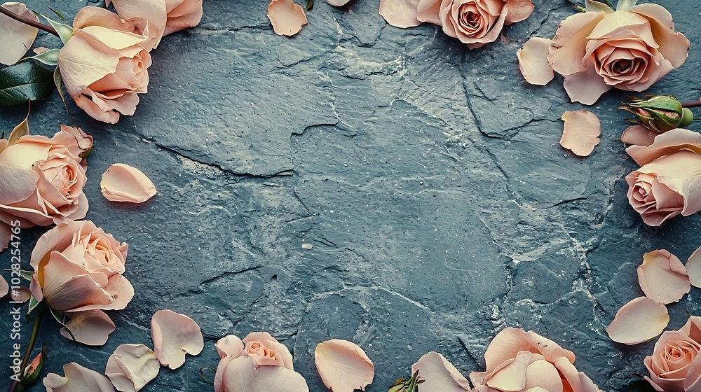 Poster roses heads and petals frame on grey stone background top view copy space : generative ai