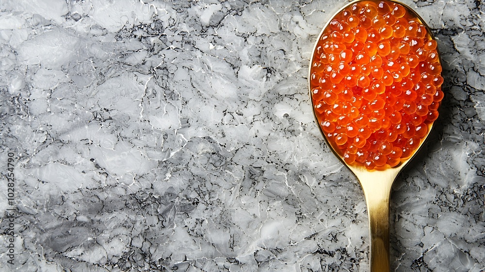 Poster red salmon caviar in golden spoon marble background copy space top view : generative ai