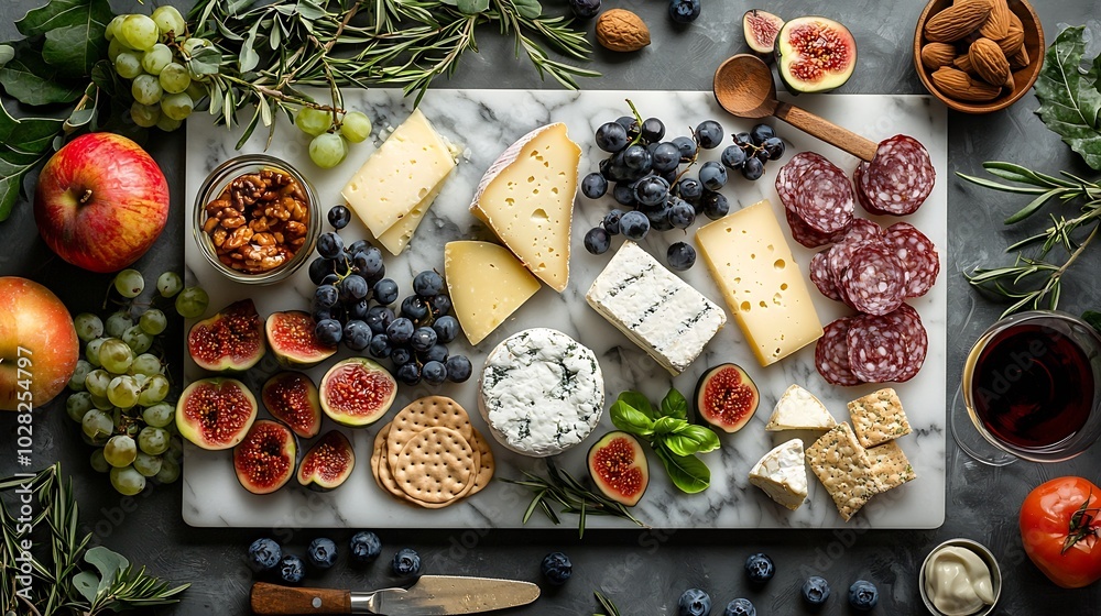 Poster cheese assortment on marble cutting board with wine grey background top view : generative ai