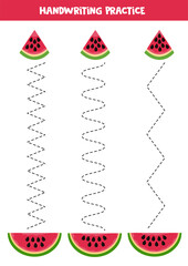 Tracing lines for kids. Watermelon slices with seeds. Handwriting practice for children.