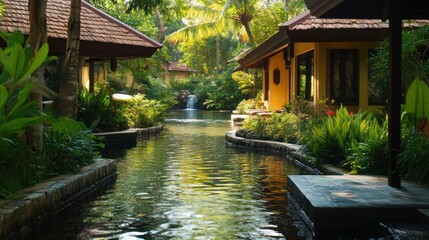 Obraz premium A luxury wellness resort in Asia offering spa treatments with local herbs, traditional massages, and organic meals, set in a tropical garden with natural hot springs