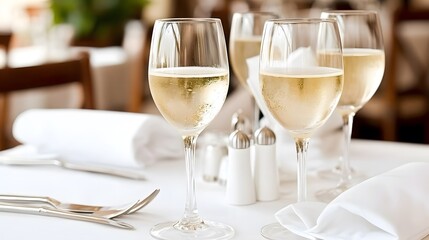 Elegantly set dining table featuring sparkling white wine glasses, evoking a sophisticated and inviting atmosphere.