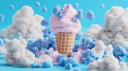 Pink Ice Cream Cone Surrounded by Clouds   Summer Treat  Dessert  Sweet   Frozen  Creamy