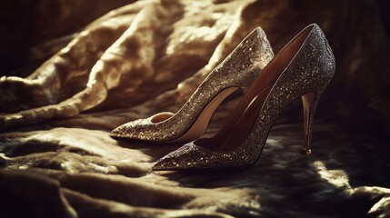 A pair of silver glitter high heels on a luxurious golden fabric background.