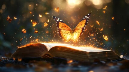 Open book illuminating glowing butterfly taking flight