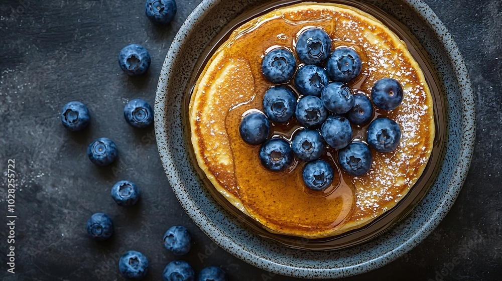 Poster pumpkin pancakes with maple syrup and blueberries on a plate grey stone background top view copy spa