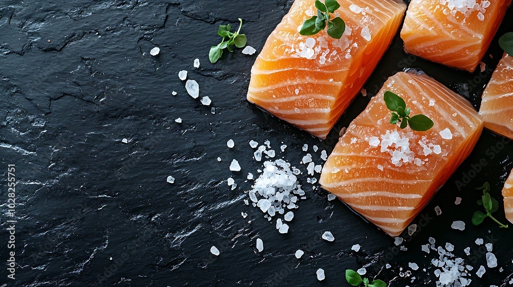 Poster salmon fillet with sea salt on slate dark background close up top view : generative ai