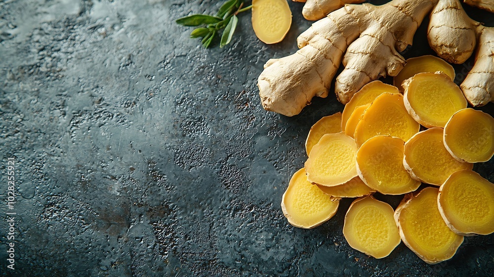 Poster Fresh ginger root with slices Dark background Copy space Top view : Generative AI