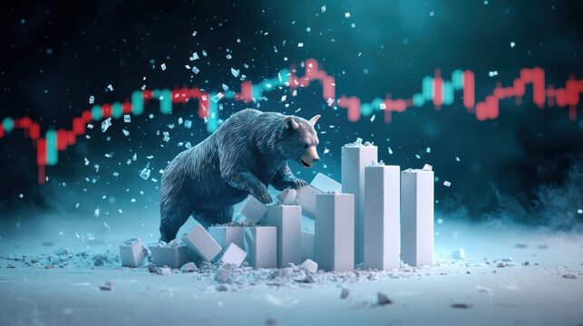 Dramatic image of bear crushing stock market chart, symbolizing market decline and volatility. scene conveys sense of power and destruction in financial contexts. 