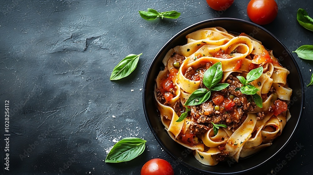 Poster pasta pappardelle with beef ragout sauce in black bowl grey background copy space top view : generat