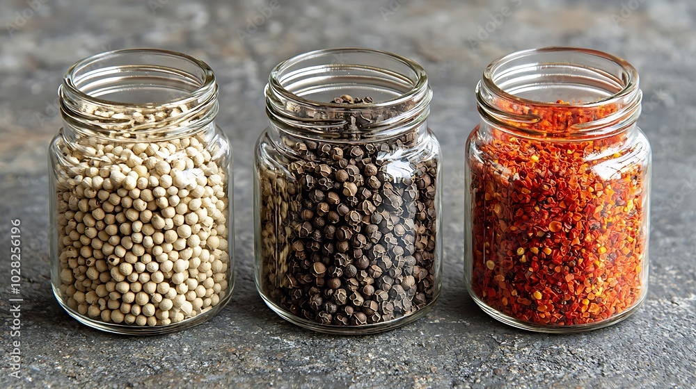 Aufkleber assortments of spices white pepper chili flakes lemongrass coriander and cumin seeds in jars on grey