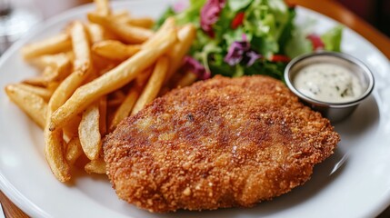 A plate featuring crispy fried chicken, golden fries, and a fresh garden salad with dipping sauce.