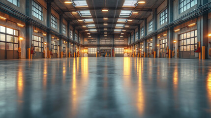 An empty garage with smooth concrete floors, exposed beams, and industrial lighting, ready for use or renovation.