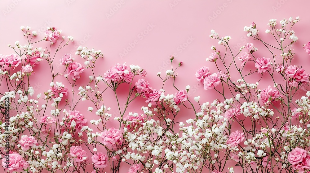 Poster rose and gypsophila flowers frame on pink background cope space top view : generative ai