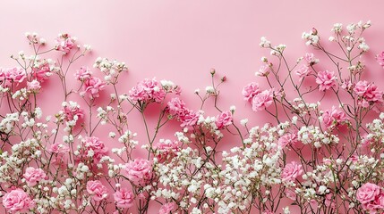 Obraz premium Rose and gypsophila flowers frame on pink background Cope space Top view : Generative AI