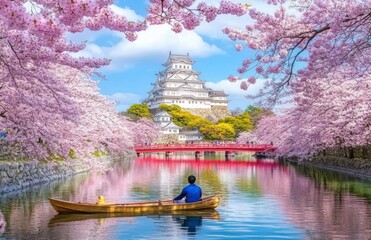 Cherry Blossoms and Himeji Castle with Rowing Boats on River, Japan