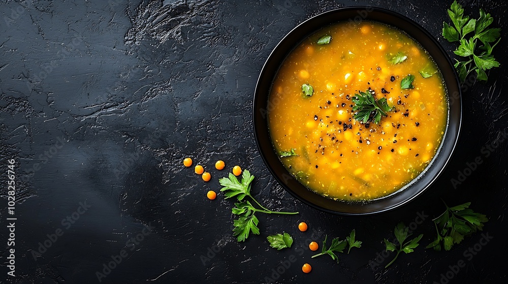 Poster bean soup in a black bowl dark background copy space top view : generative ai