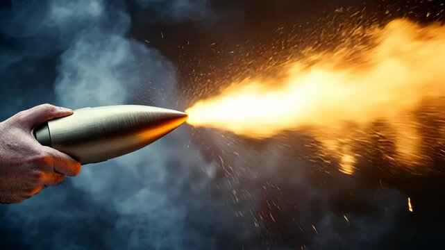 A hand holds a silver bullet as it ignites and shoots a trail of fire against a dark, smoky background