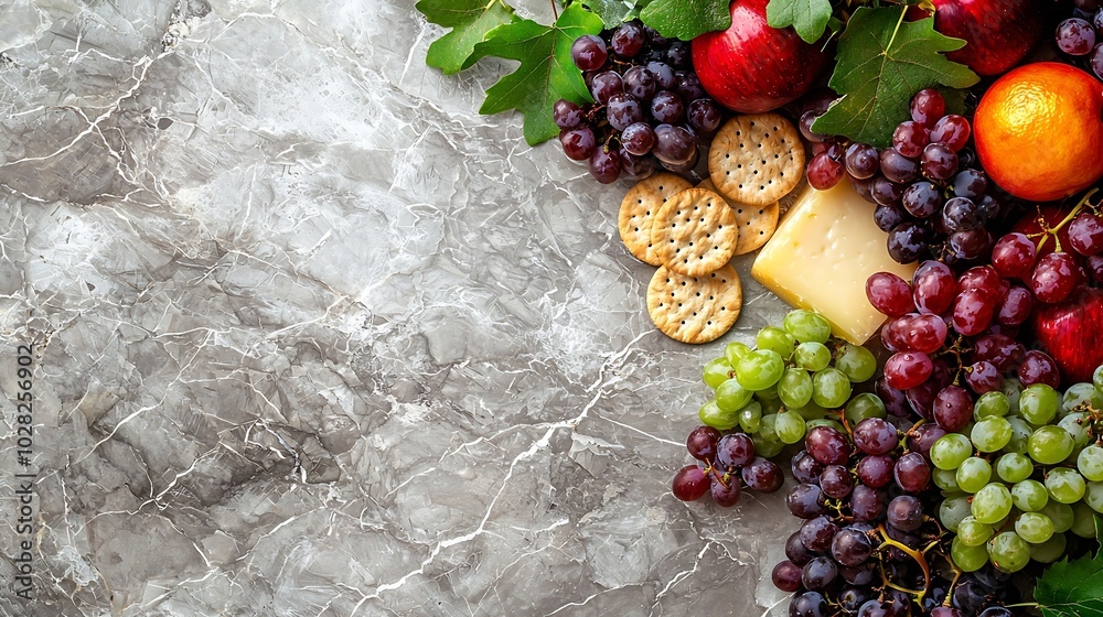 Poster Assortment of cheese grapes and crackers Marble background Top view Copy space : Generative AI